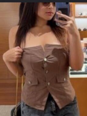Strapless Brown Button-Front Bodysuit
